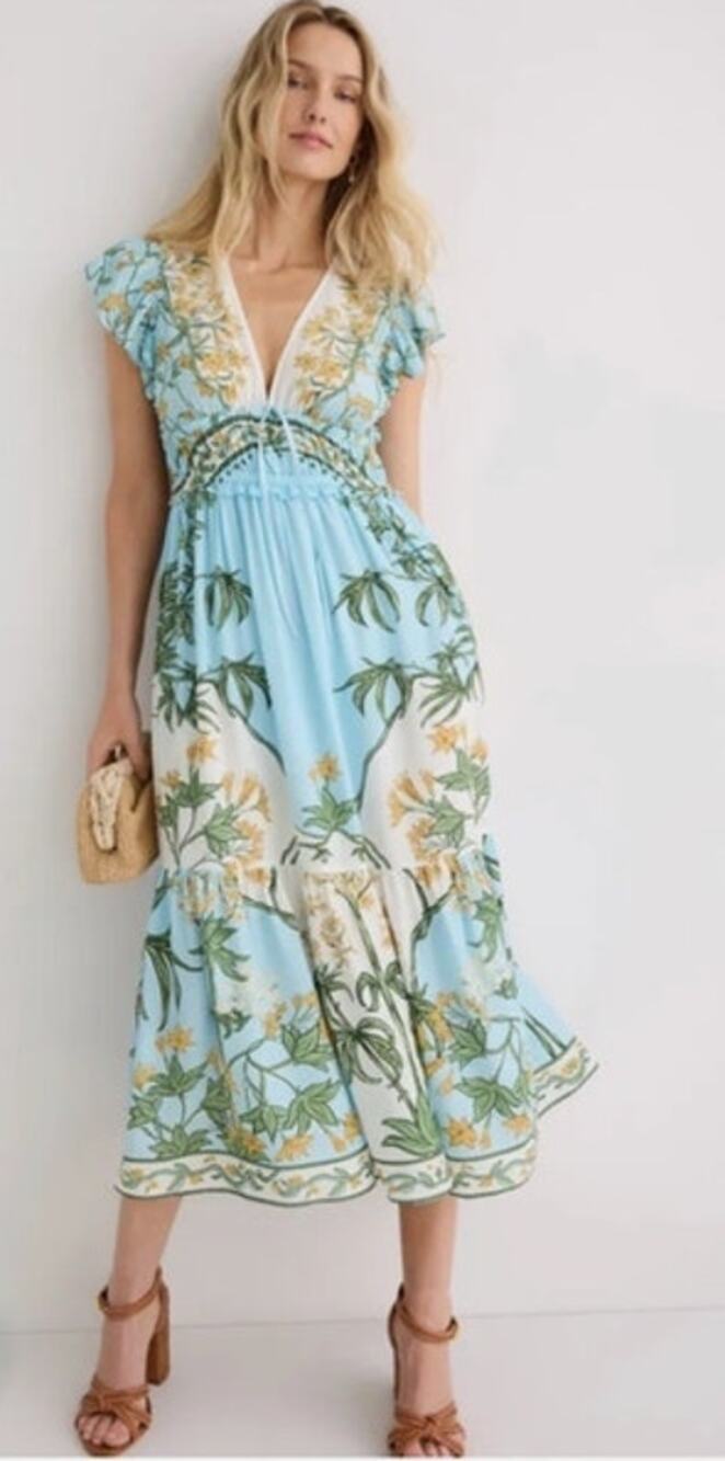 Derek Lam Floral Dress Flutter Sleeve V-Neck Midi A-Line Blue 0